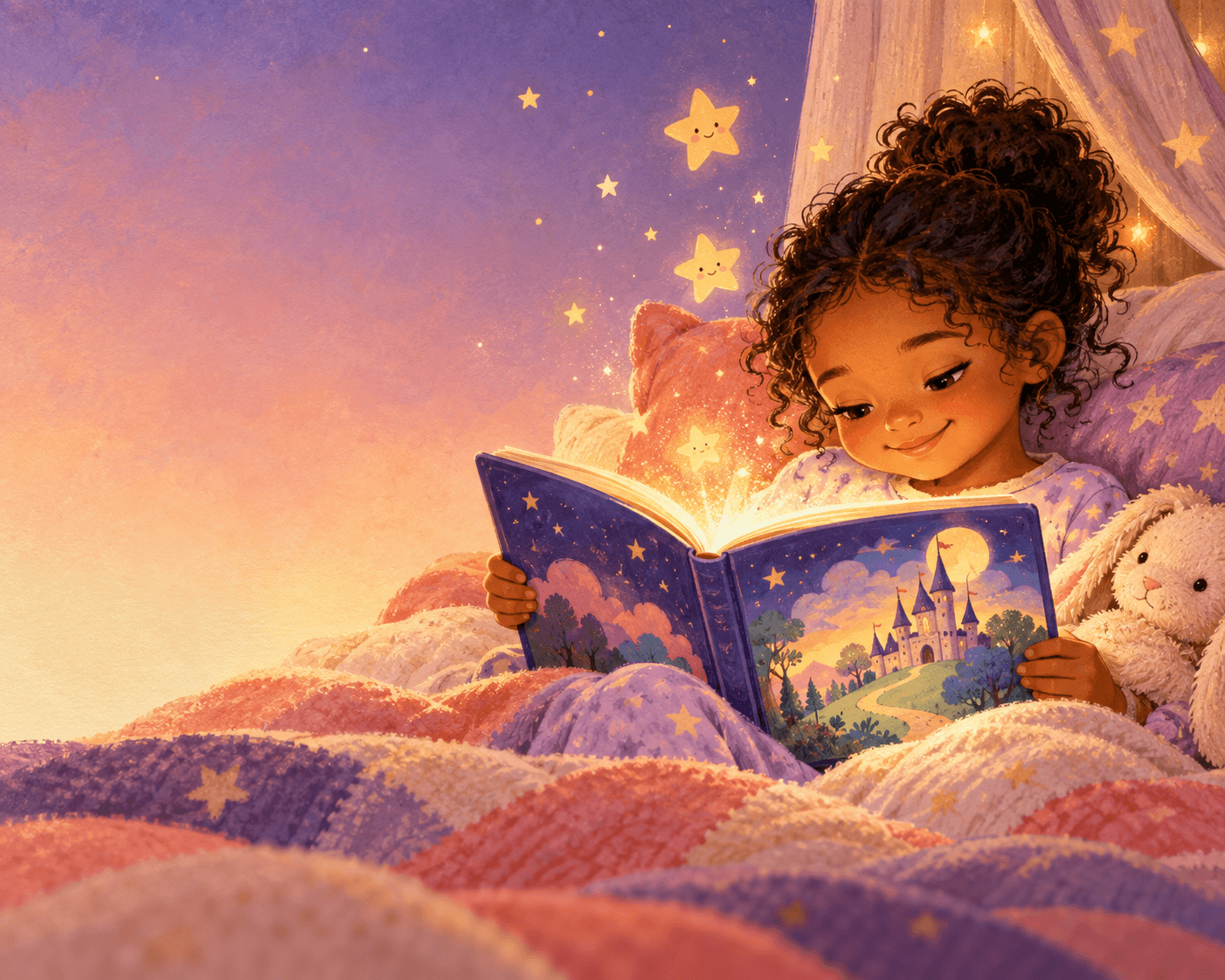 A child reading a personalized storybook at bedtime